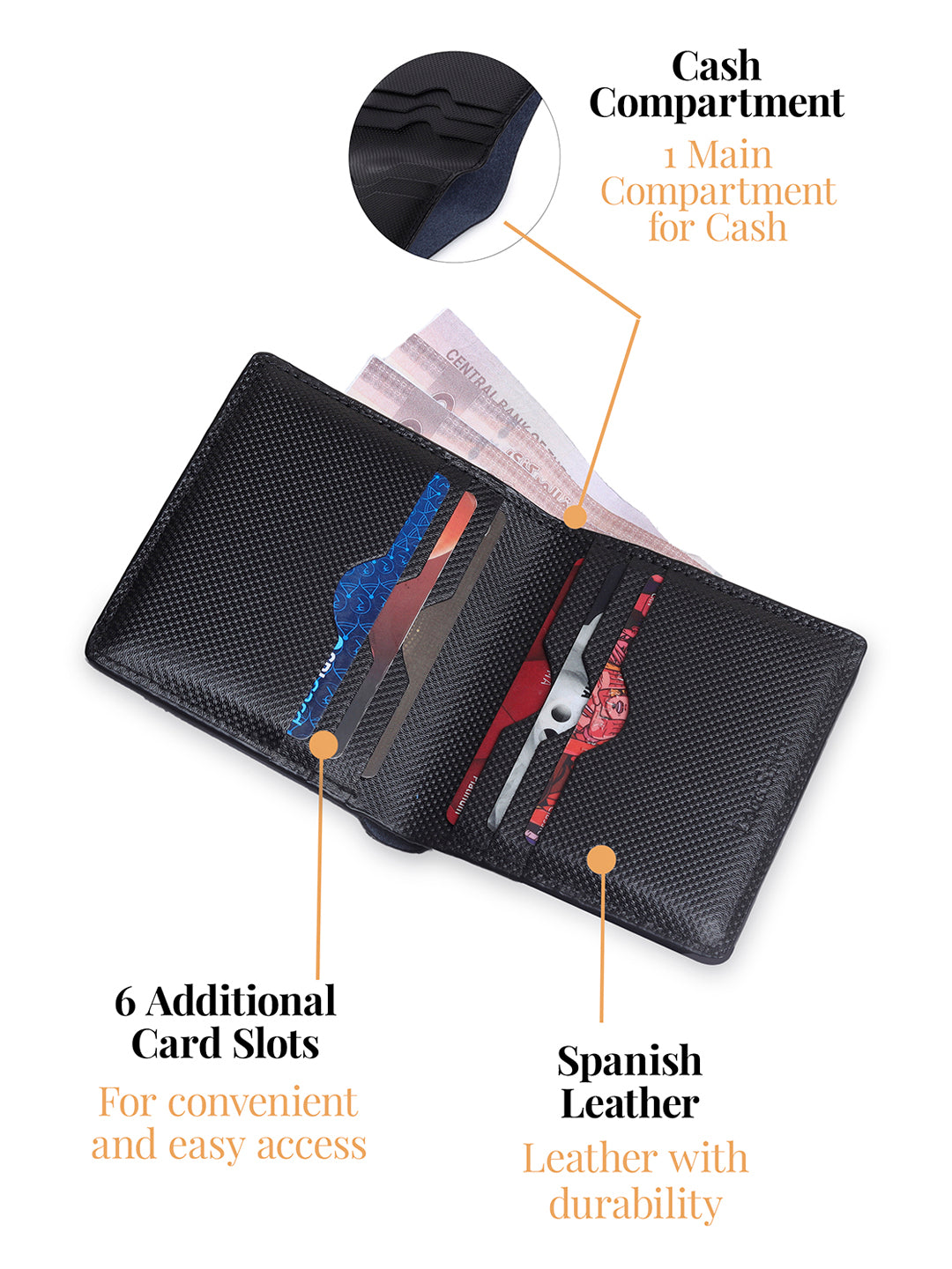 Spanish Leather Slim Two Fold Wallet for Men RFID Protected Black