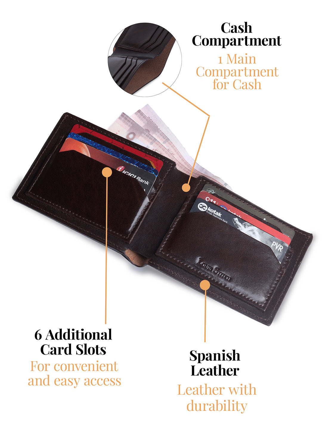 Spanish Leather Men Brown Bifold Wallet RFID Protected