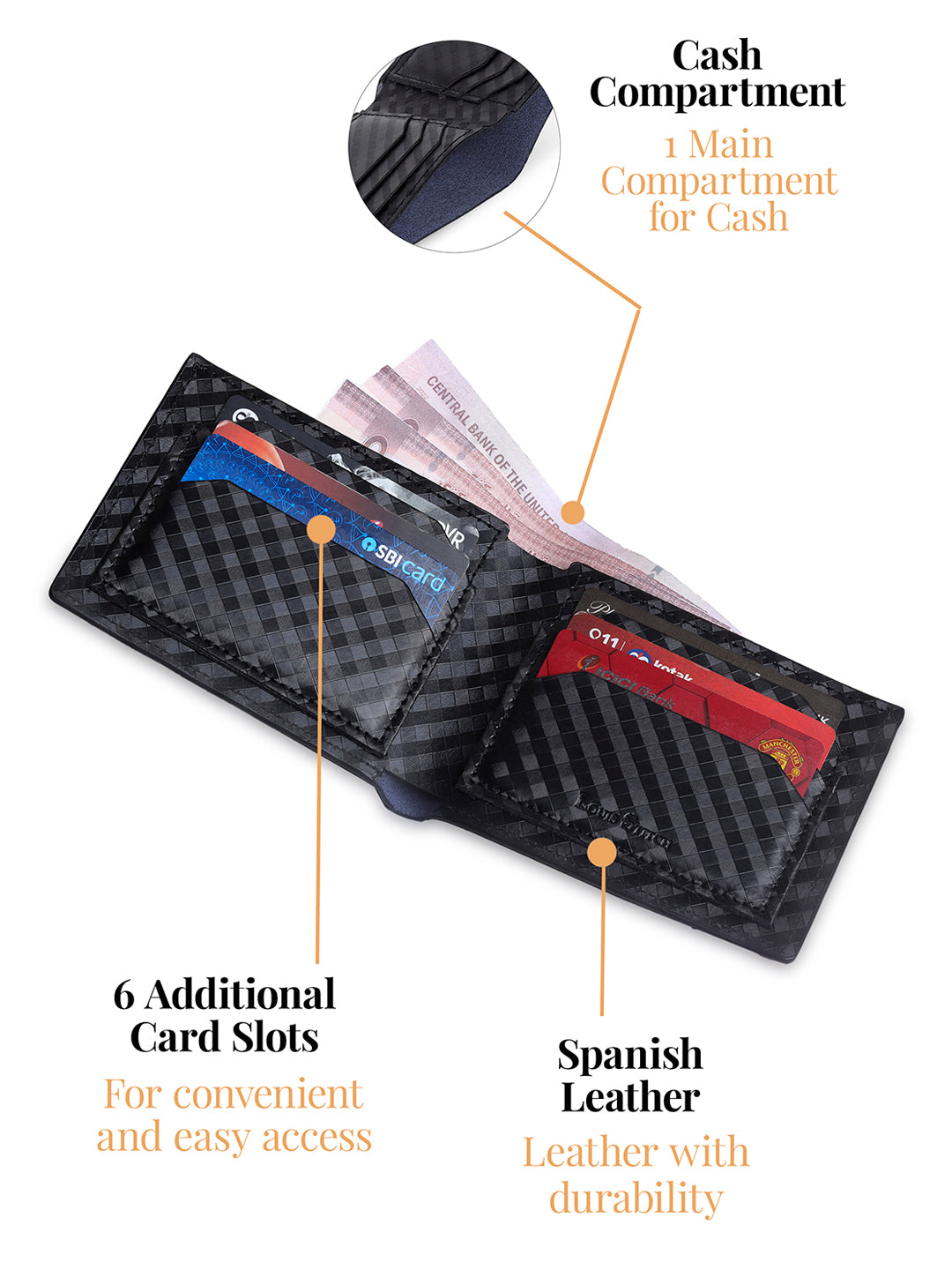 Spanish Leather Men Black Bifold Wallet RFID Protected