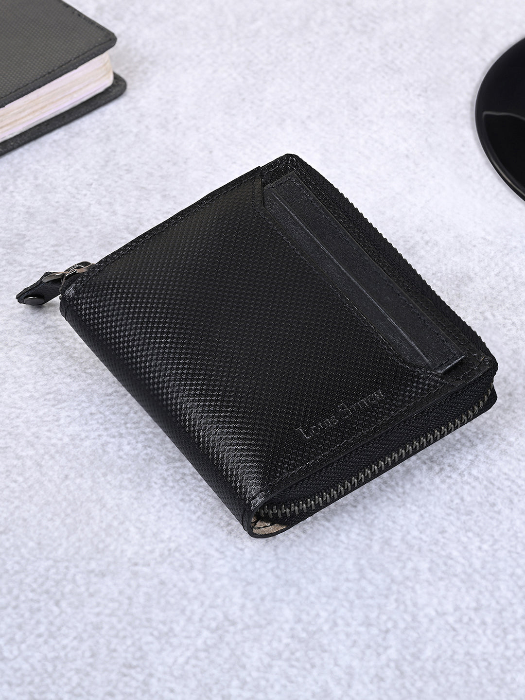 Spanish Leather Black Bifold Zipper Wallet for Men with RFID Protection