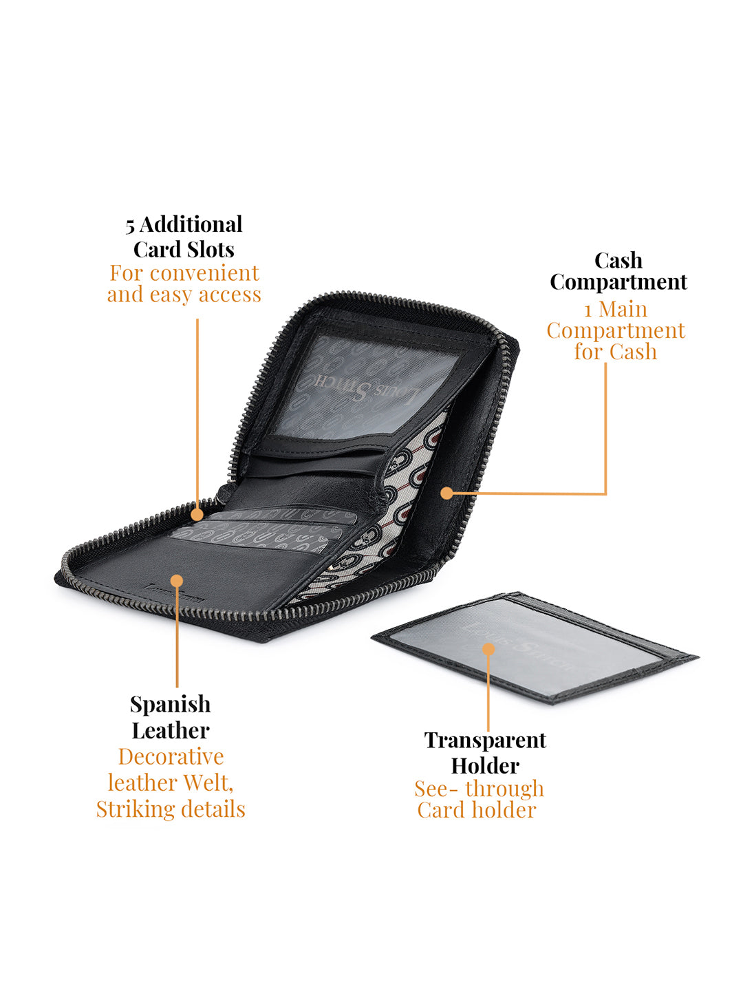 Spanish Leather Black Bifold Zipper Wallet for Men with RFID Protection