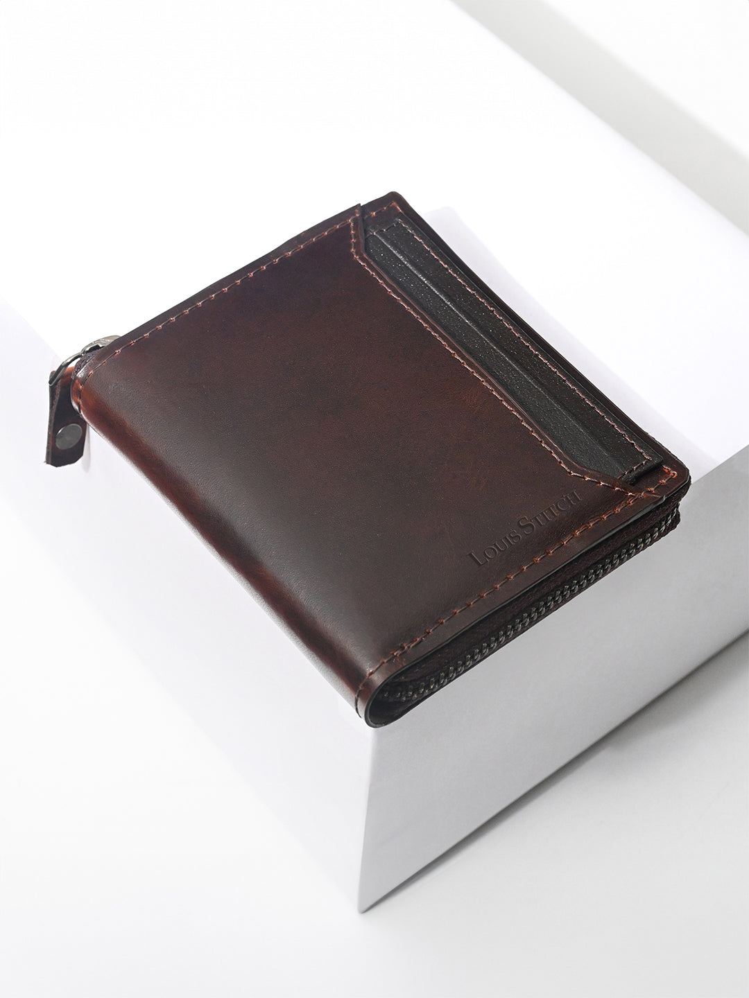 Brunette Brown Spanish Leather Bifold Zipper Wallet with RFID Protection