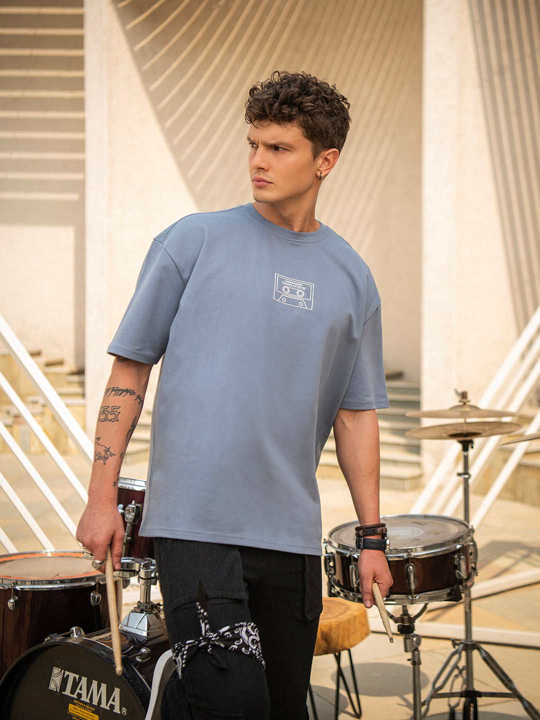 Grey Rock Ballad Cotton Printed Oversized T-Shirt