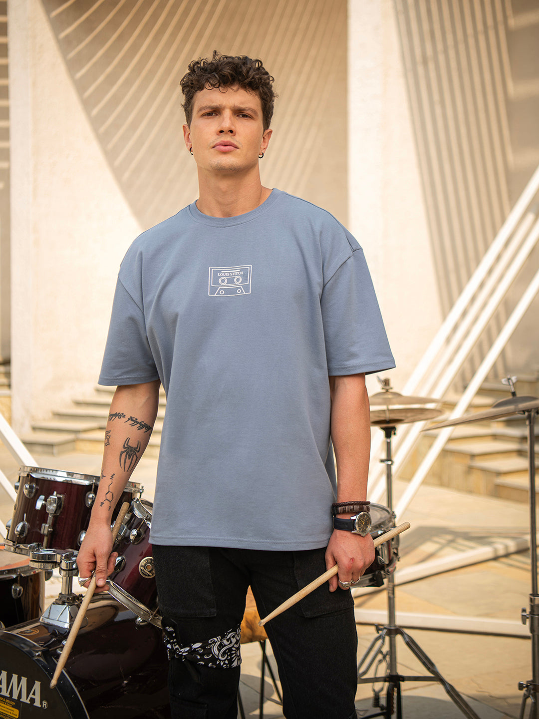 Grey Rock Ballad Cotton Printed Oversized T-Shirt