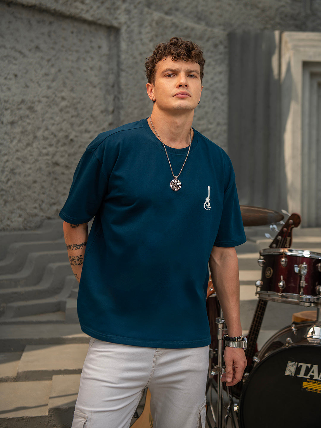 Prussian Blue Rock Ballad Cotton Printed Oversized T-Shirt