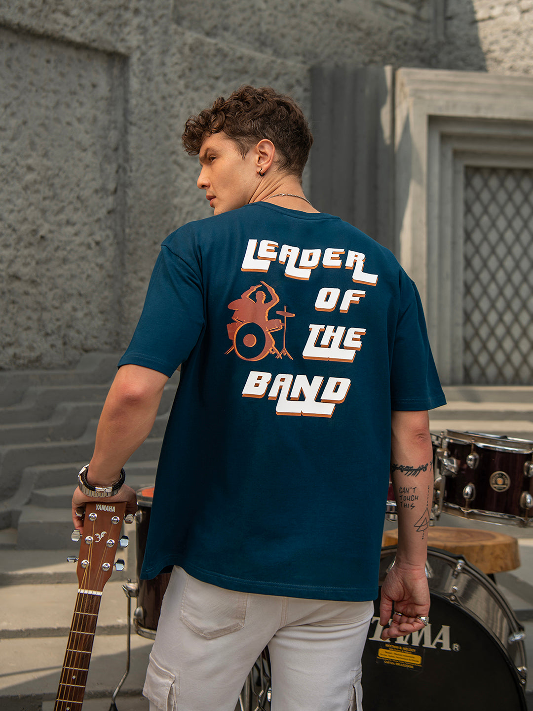 Prussian Blue Rock Ballad Cotton Printed Oversized T-Shirt