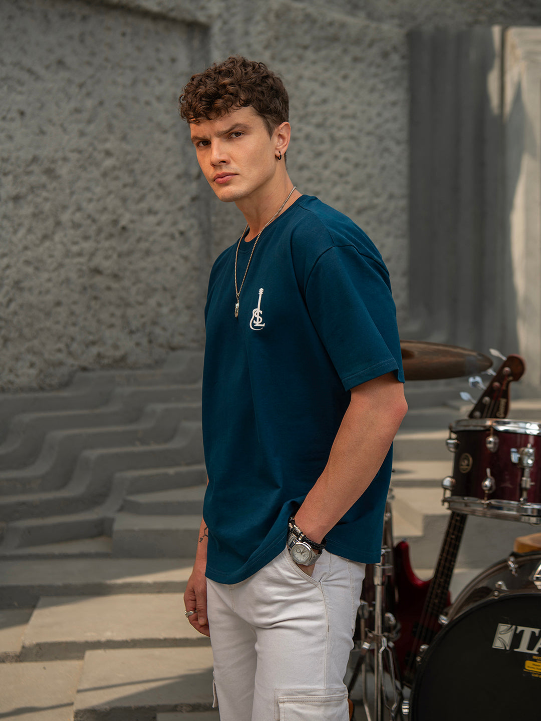 Prussian Blue Rock Ballad Cotton Printed Oversized T-Shirt