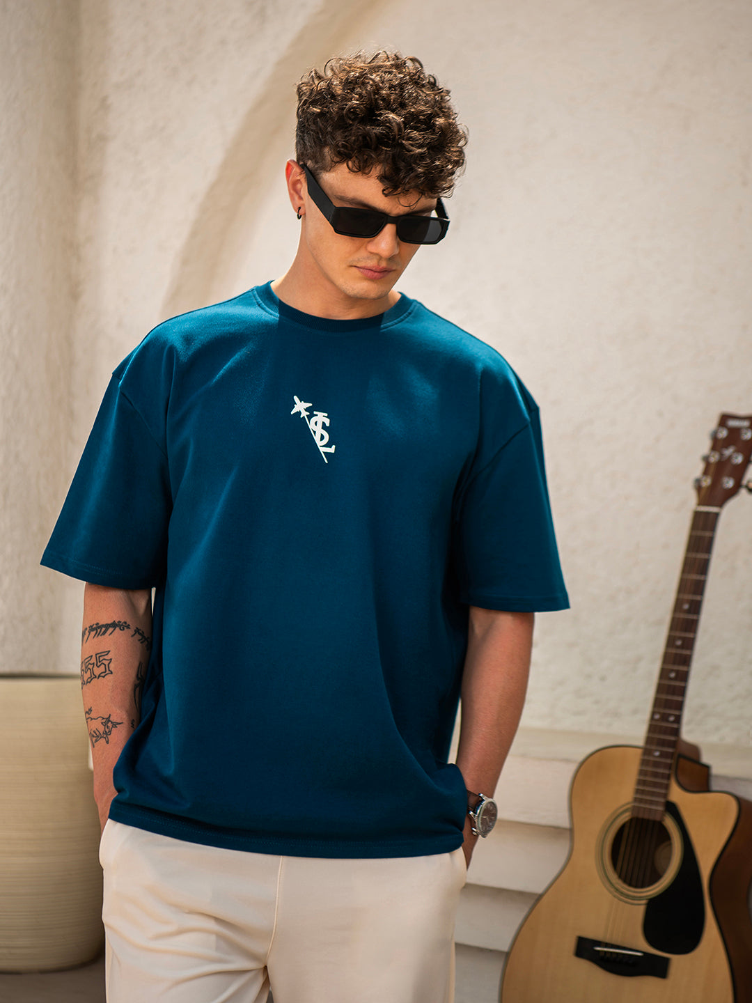 Prussian Blue Rock Ballad Cotton Printed Oversized T-Shirt