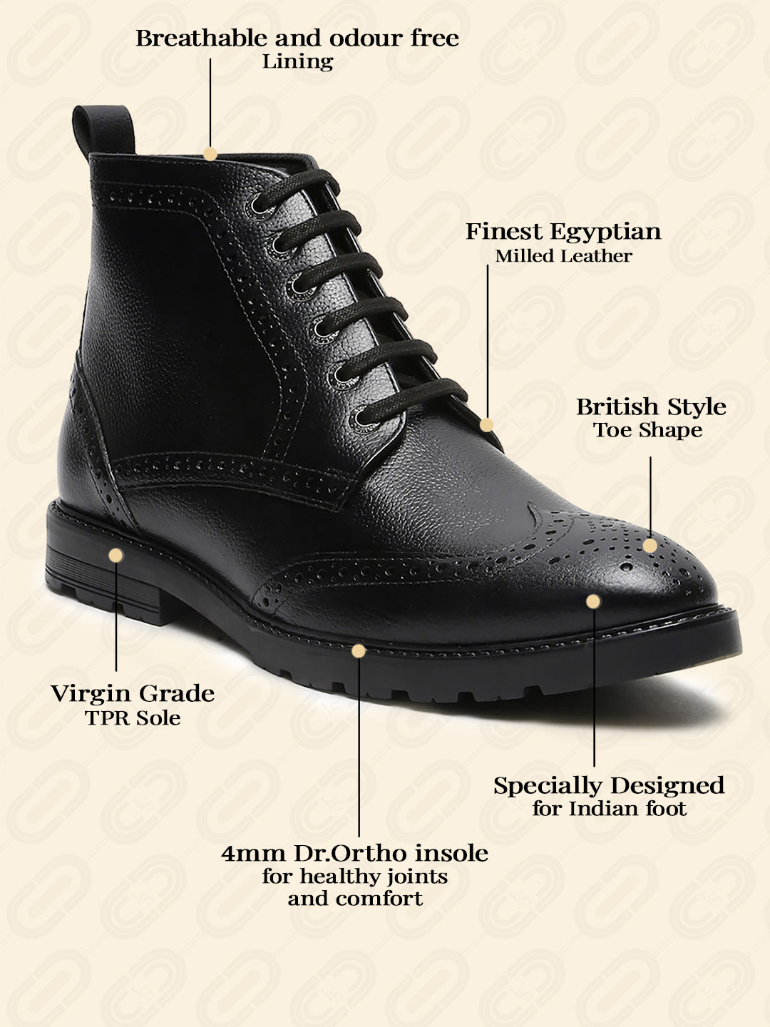 Jet Black Handcrafted Italian Leather High Ankle Chukka Brogue Boots