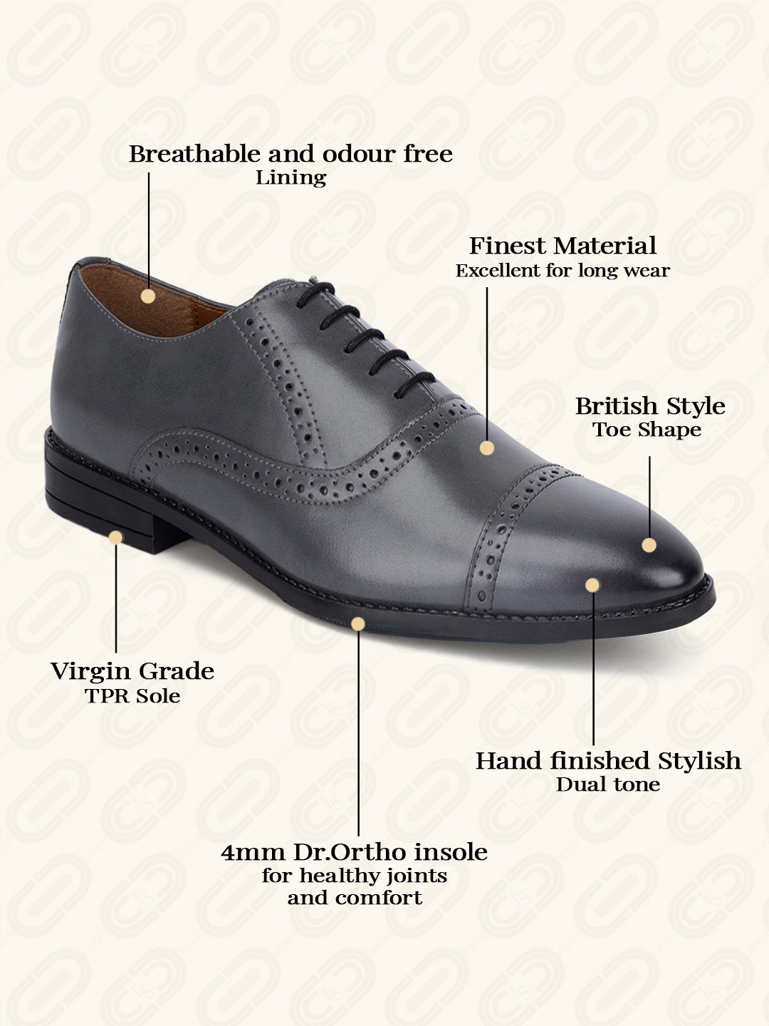 Ash Grey Oxford Style Comfortable Formal Laceup Shoes