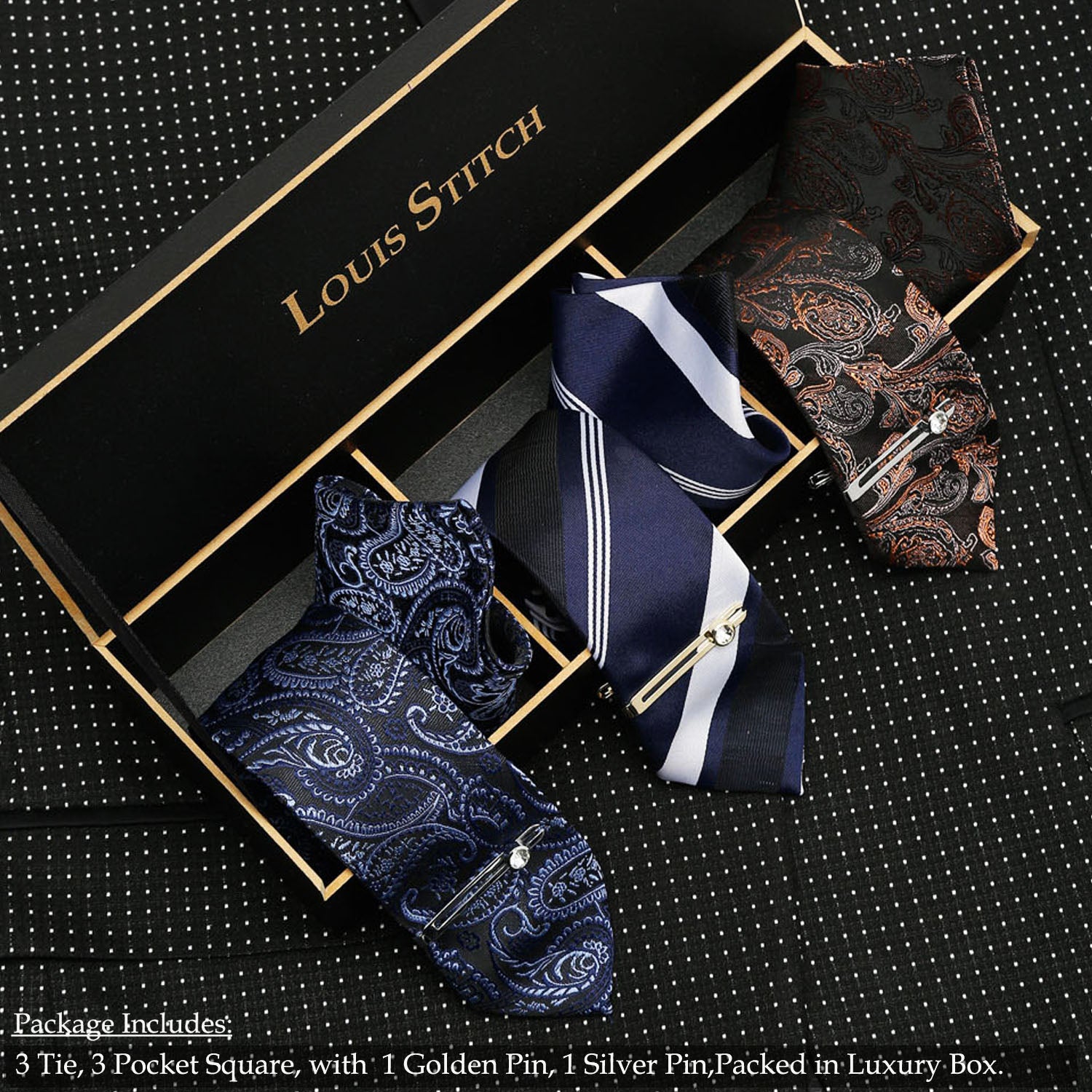 LOUIS STITCH Mens Italian Silk Necktie Combo With Pocket Square And Tie Pin (Pack of 3) (Brown_Blue_Dark Blue)