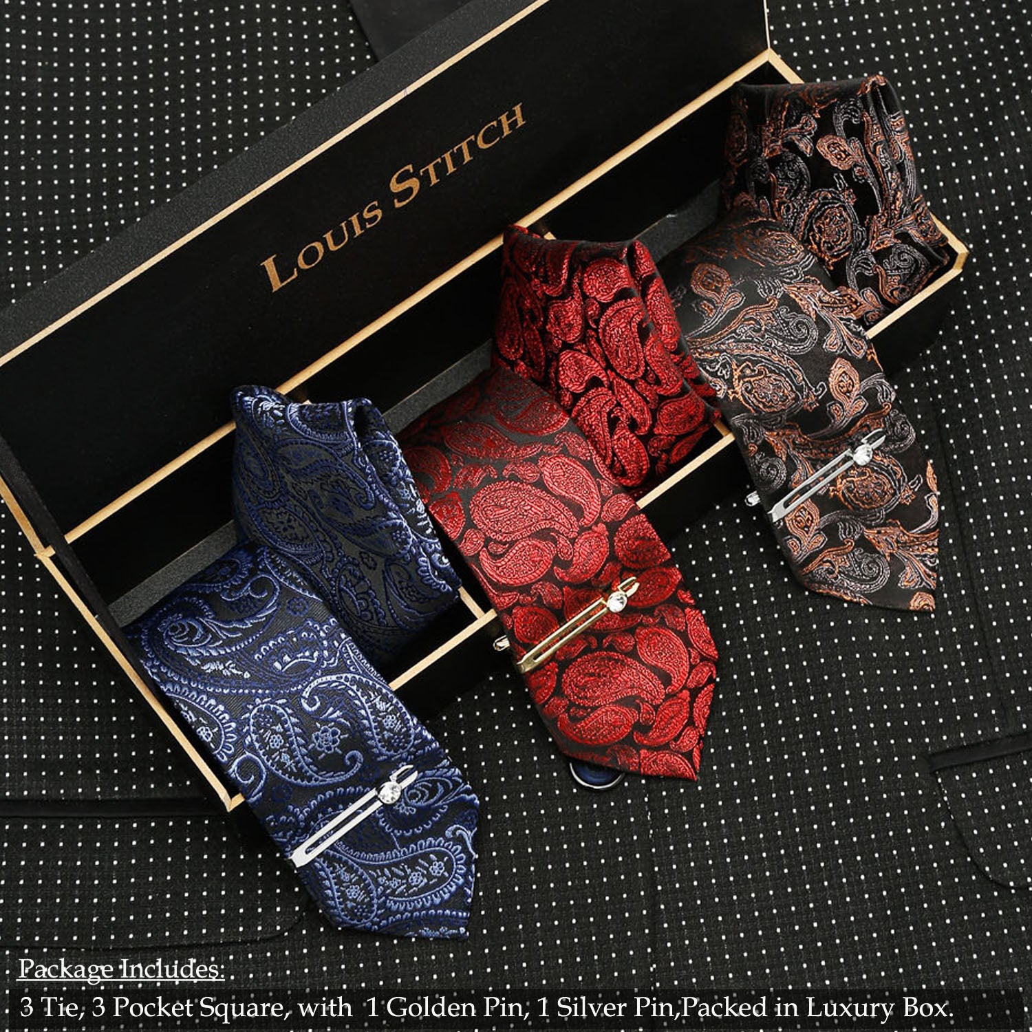 LOUIS STITCH Mens Italian Silk Necktie Combo With Pocket Square And Tie Pin (Pack of 3) (Brown_Red_Blue)