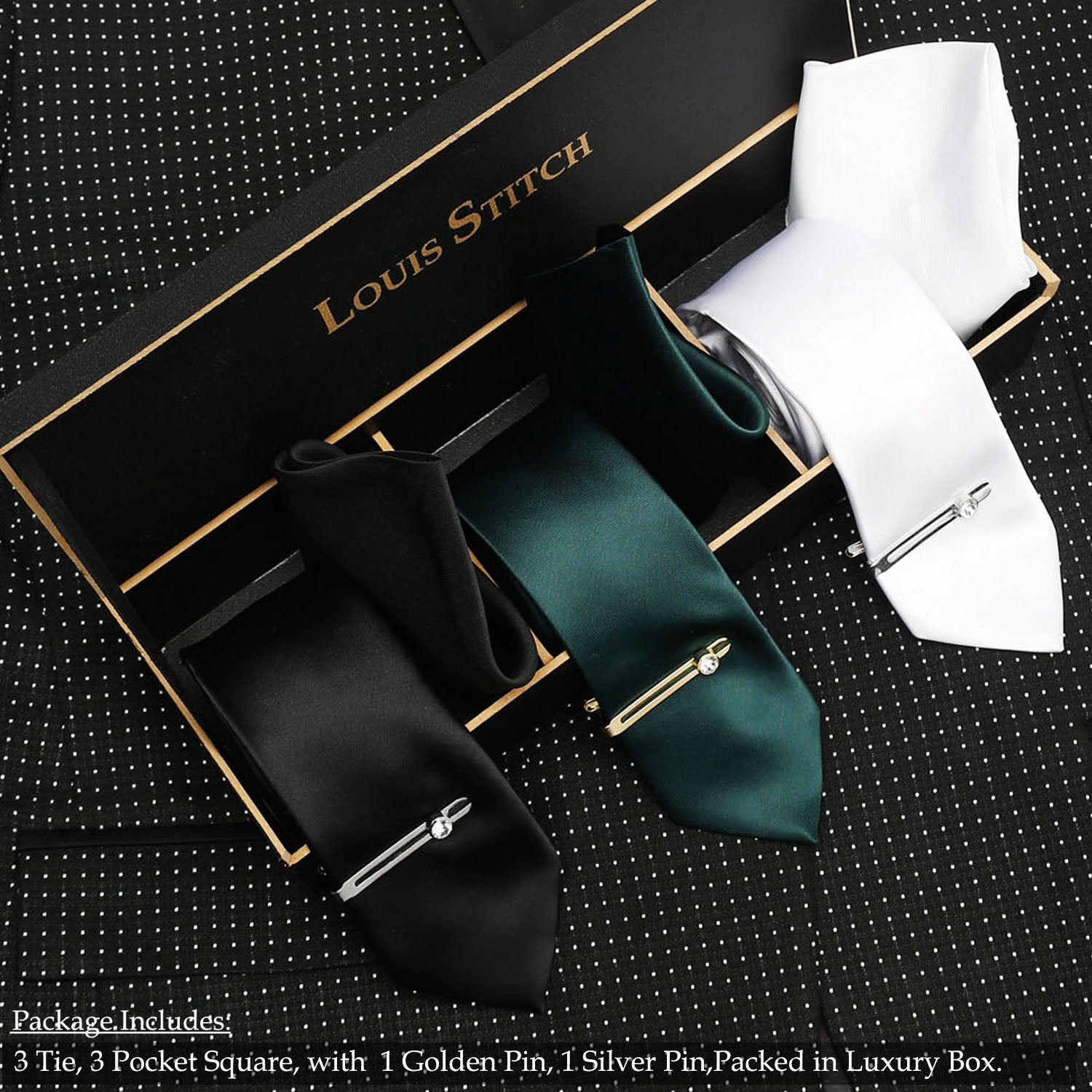 LOUIS STITCH Mens Italian Silk Necktie Combo With Pocket Square And Tie Pin (Pack of 3) (Black_Green_White)