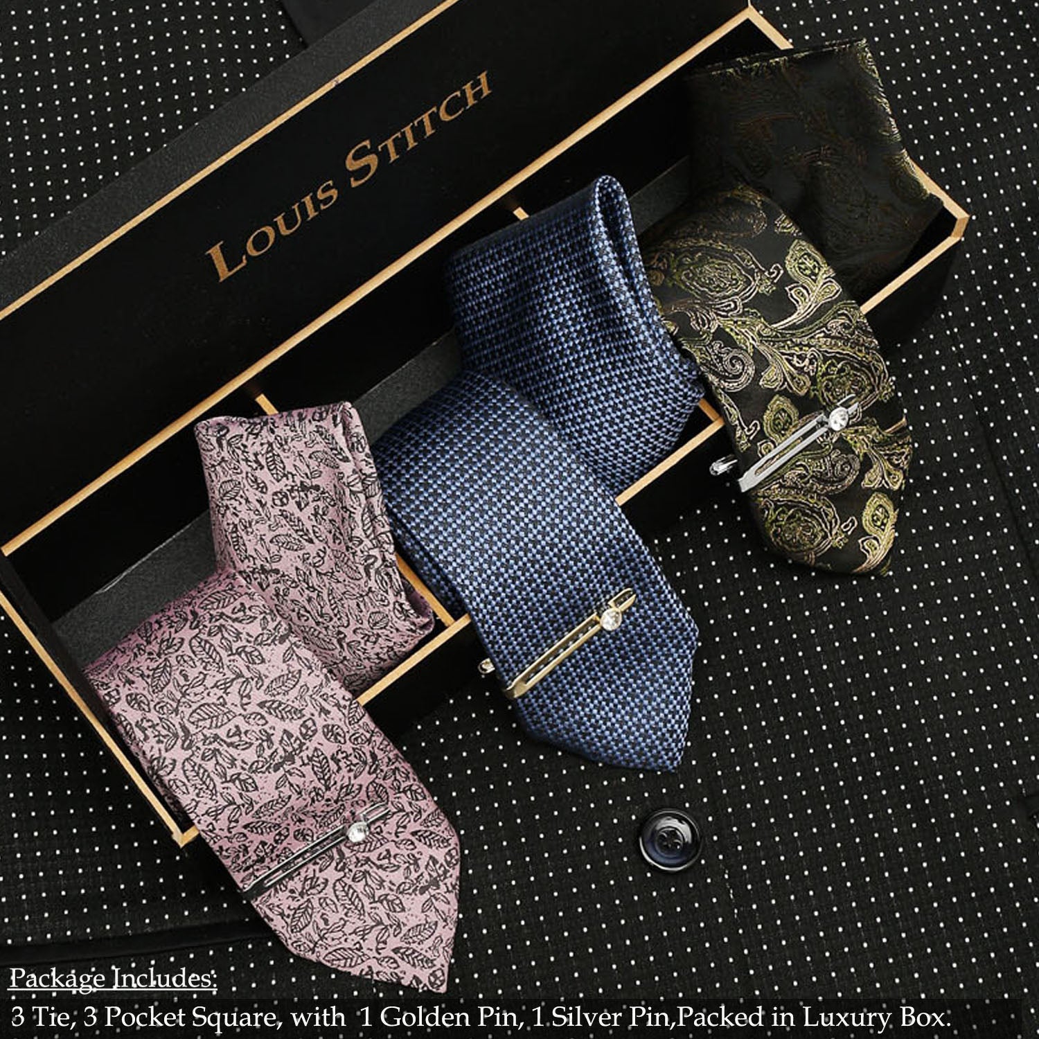 LOUIS STITCH Mens Italian Silk Necktie Combo With Pocket Square And Tie Pin (Pack of 3) (Green_Blue_Pink)