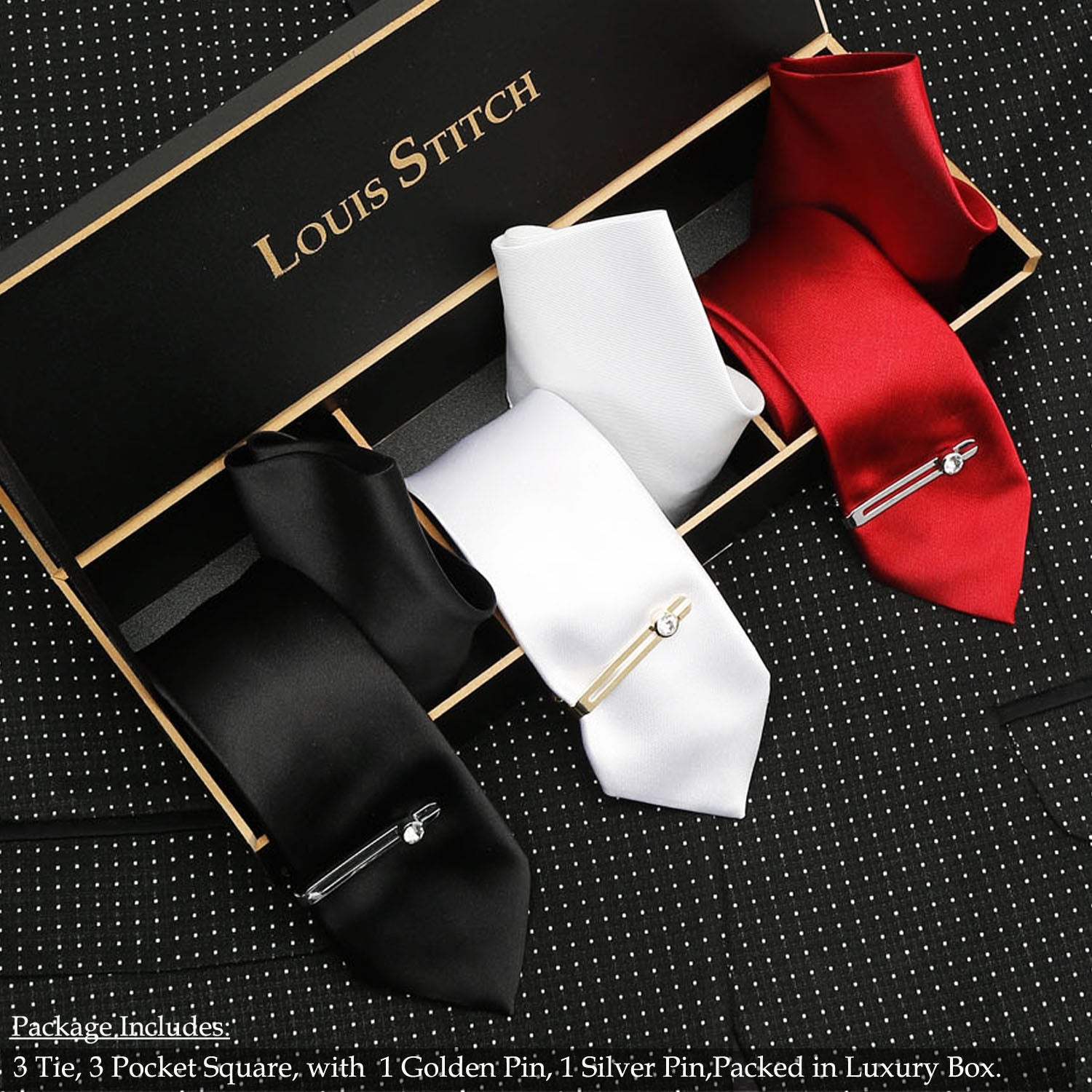 LOUIS STITCH Mens Italian Silk Necktie Combo With Pocket Square And Tie Pin (Pack of 3) (Black_White_Red)