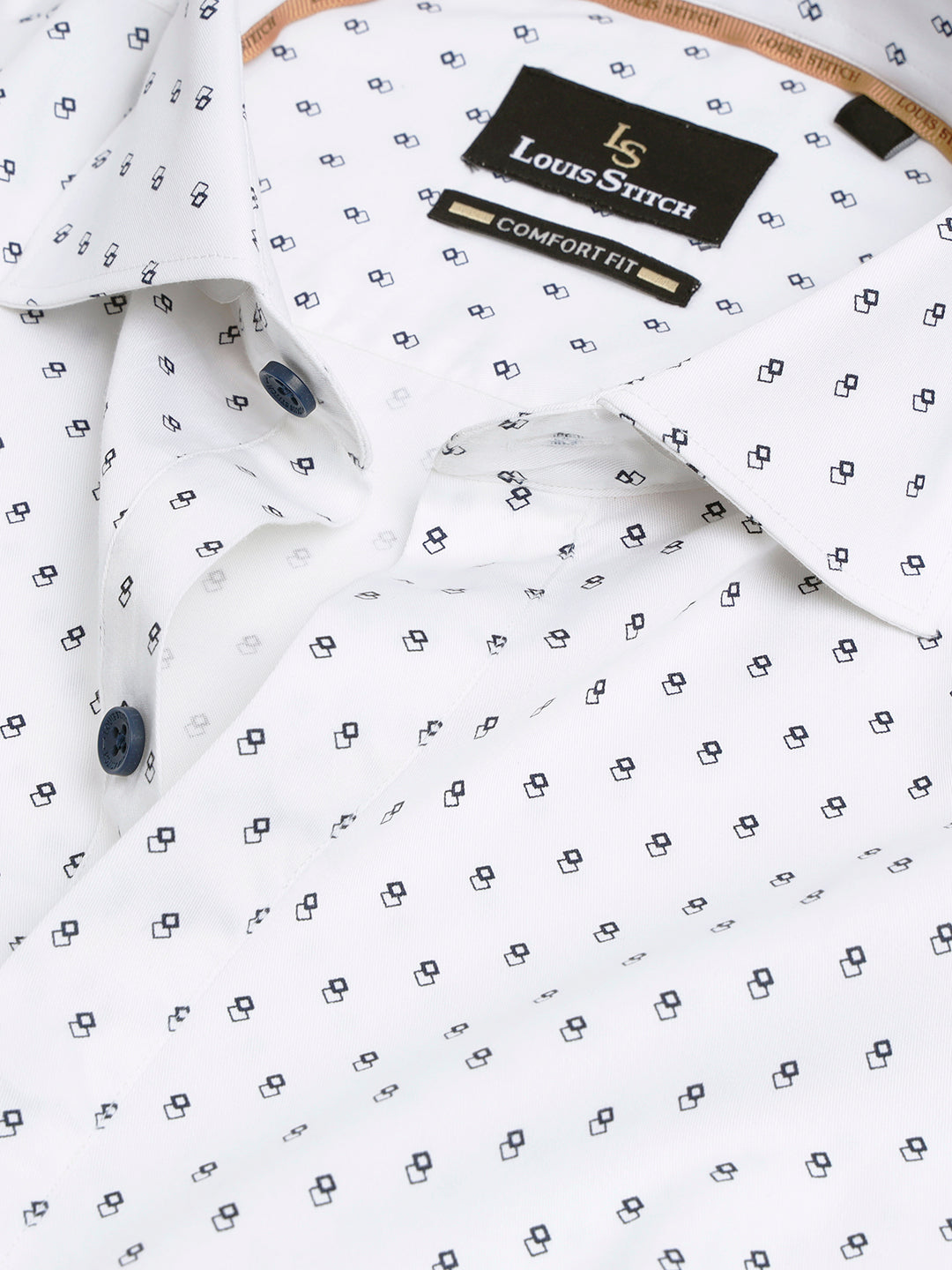 Regular Fit Semi Formal Geometric White Shirt For Men