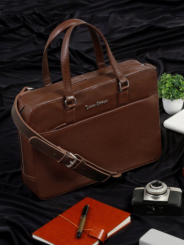 Men's Brown Italian Leather Laptop Bag Multifunctional Executive Briefcase with Shoulder Strap