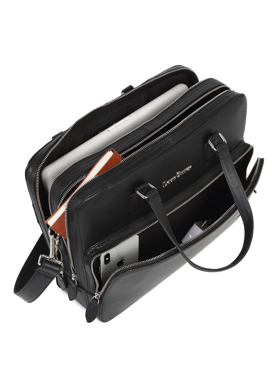 Men's Black Italian Leather Laptop Bag Multifunctional Executive Briefcase with Shoulder Strap