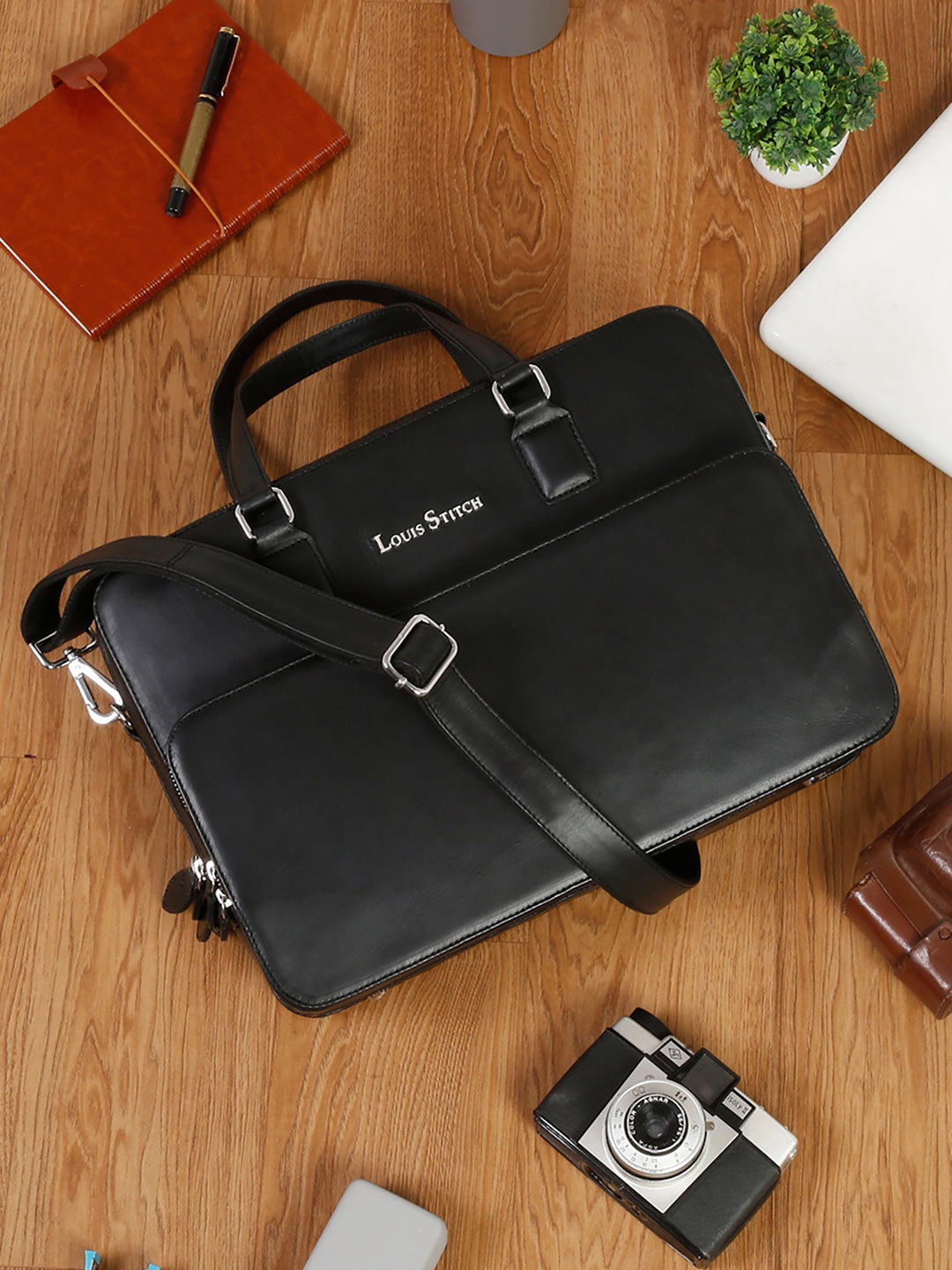 Men's Black Italian Leather Laptop Bag Multifunctional Executive Briefcase with Shoulder Strap