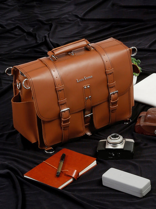 Men's Tan Italian Leather Laptop Bag Multifunctional Executive Briefcase with Shoulder Strap