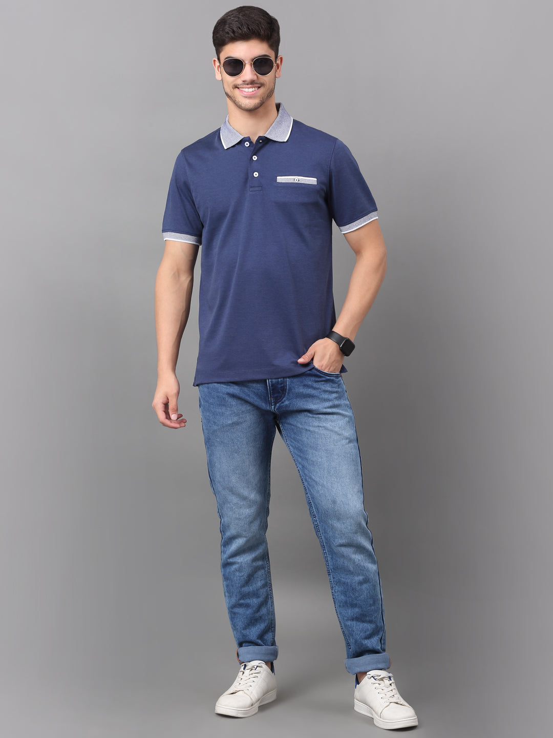 Slim Fit Polo T-shirt for Men Egyptian Cotton Classic fit Business Casual Half sleeves Solid Navy Blue Mens Polo Tees