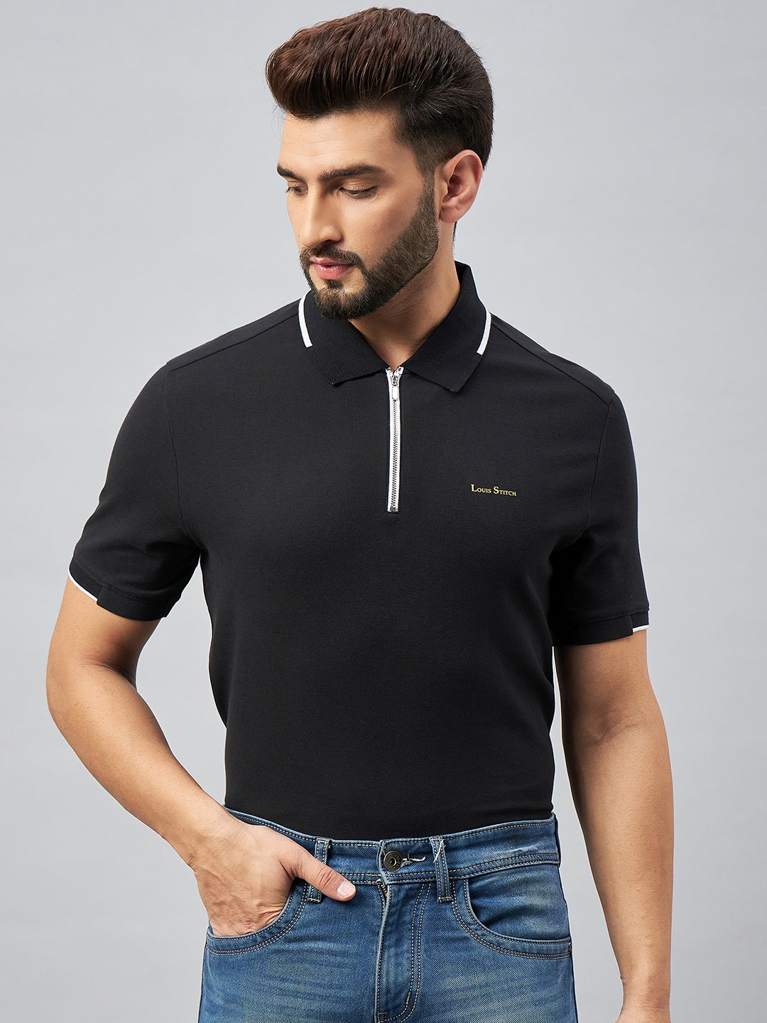 Slim Fit Polo T-shirt for Men Egyptian Cotton Classic fit Business Casual Half sleeves Solid Black Mens Polo Tees