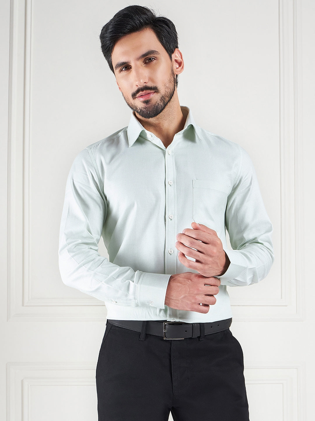 Regular Fit Geometric Green Shirt For Men