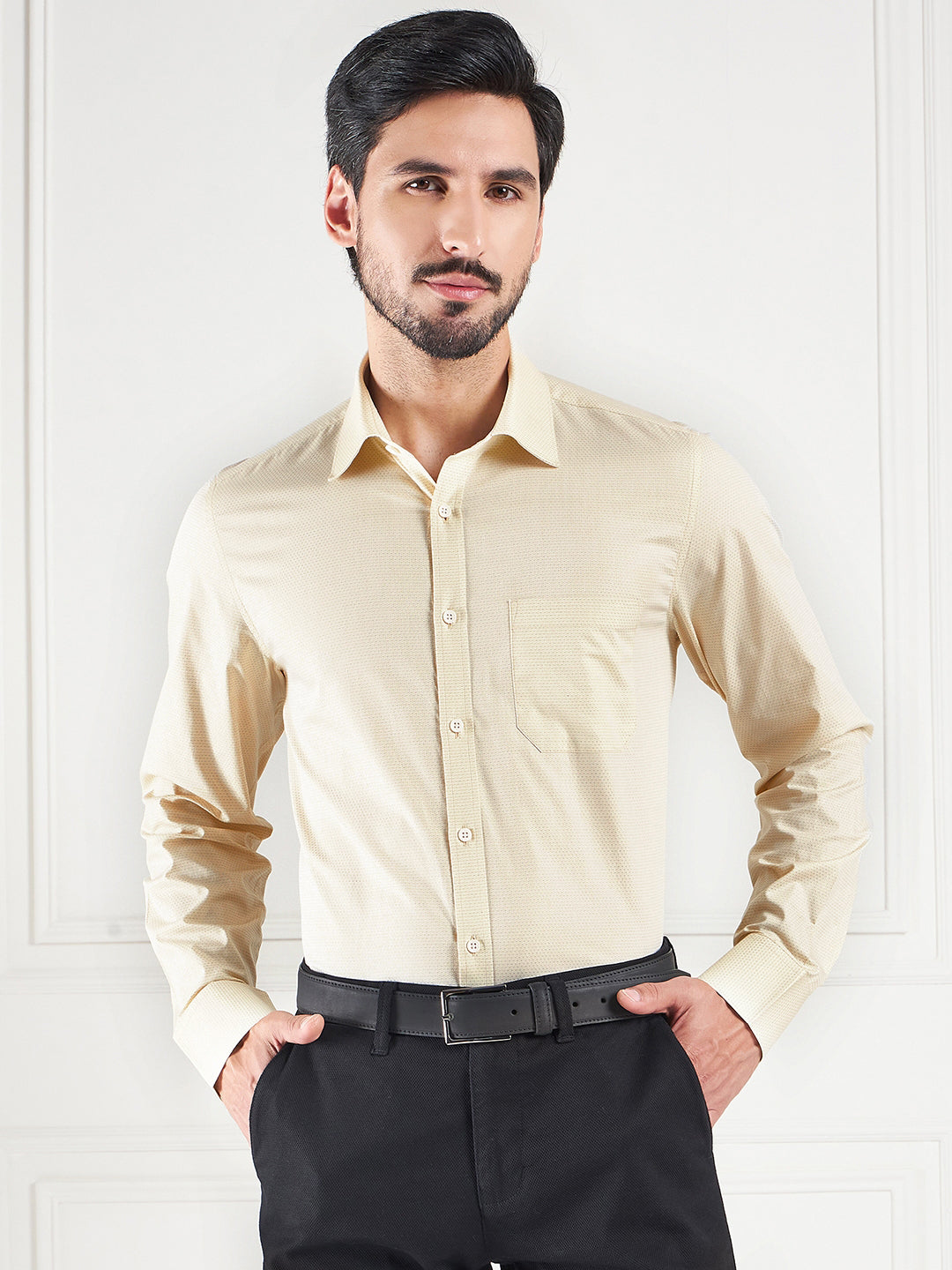 Regular Fit Geometric Yellow Shirt For Men