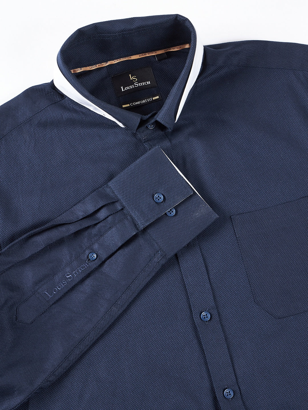 Regular Fit Textured Navy Blue Shirt For Men