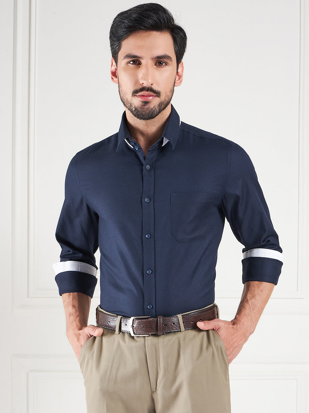 Regular Fit Textured Navy Blue Shirt For Men