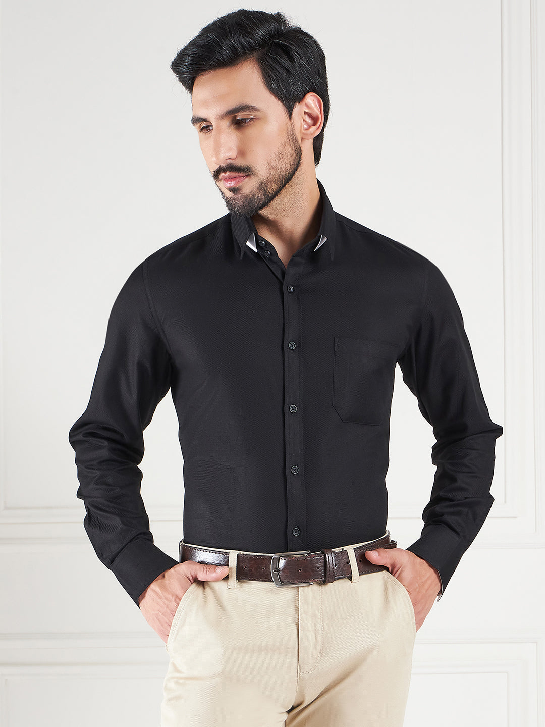 Regular Fit Textured Black Shirt For Men