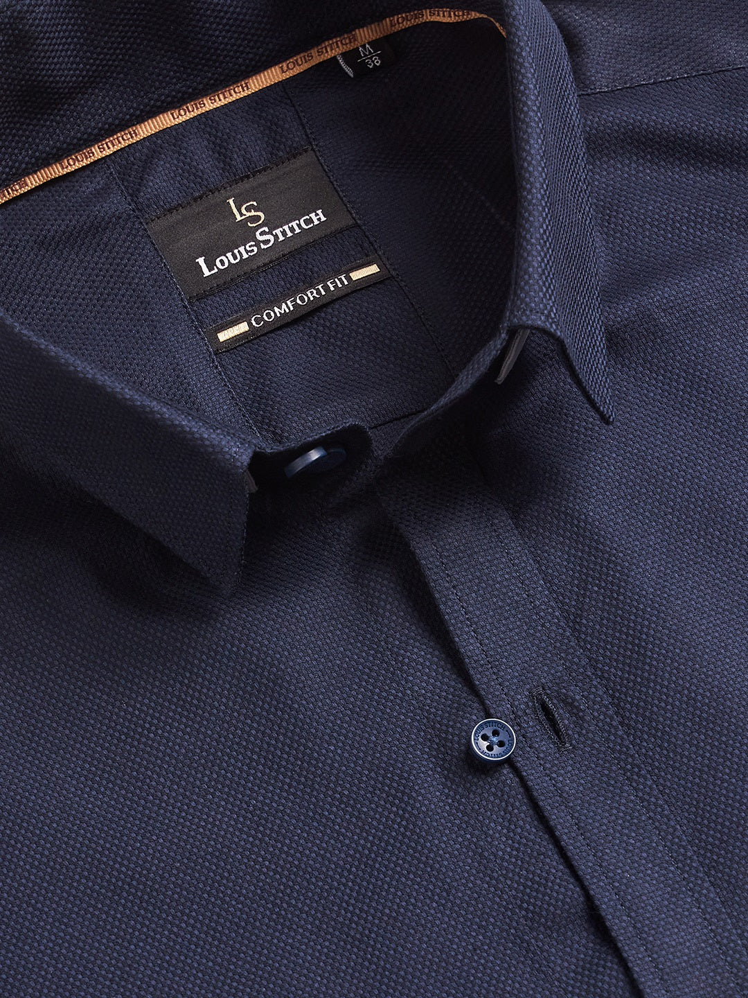 Regular Fit Formal Textured Navy Blue Shirt For Men