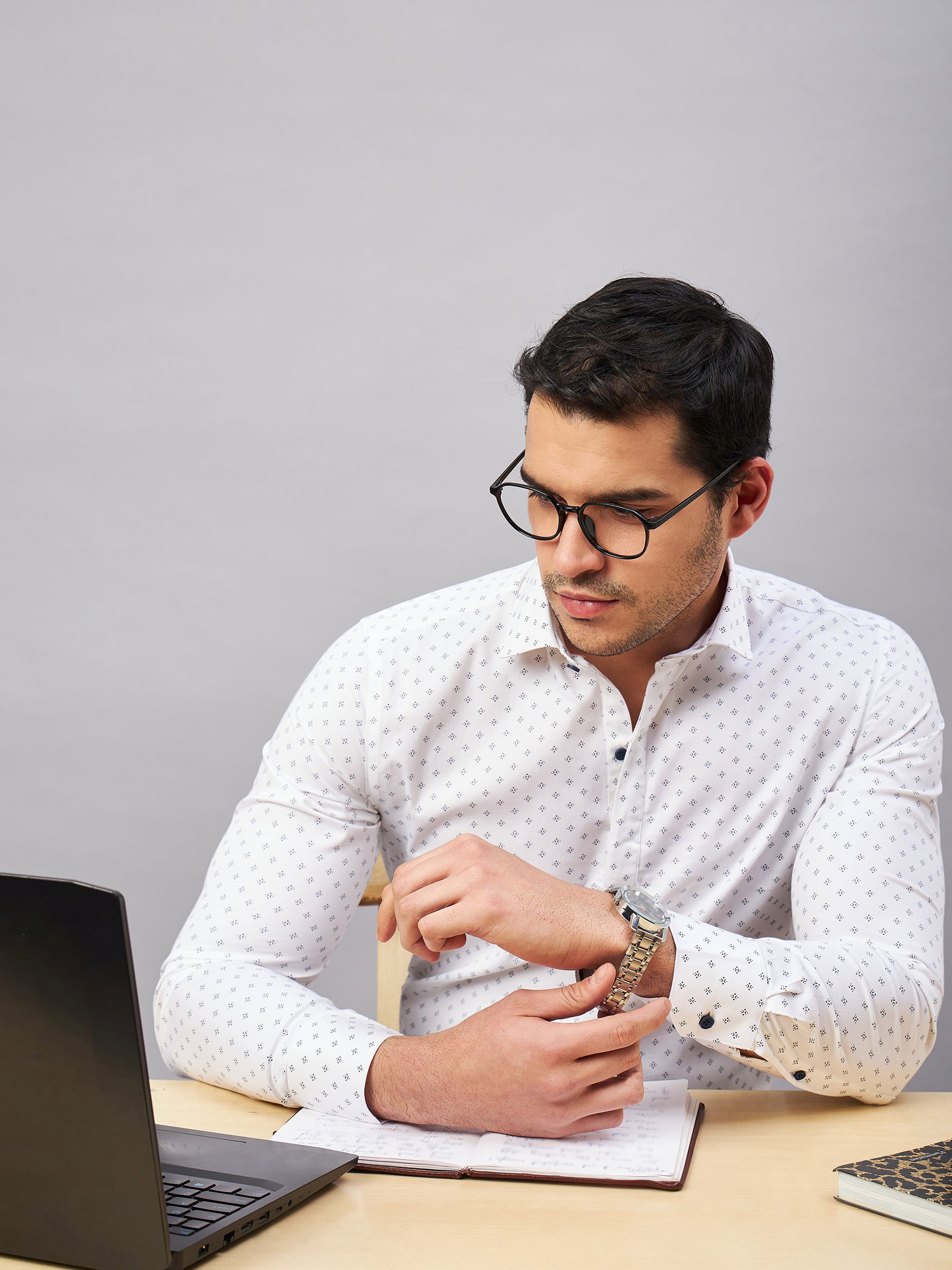 Regular Fit Semi Formal Geometric White Shirt For Men