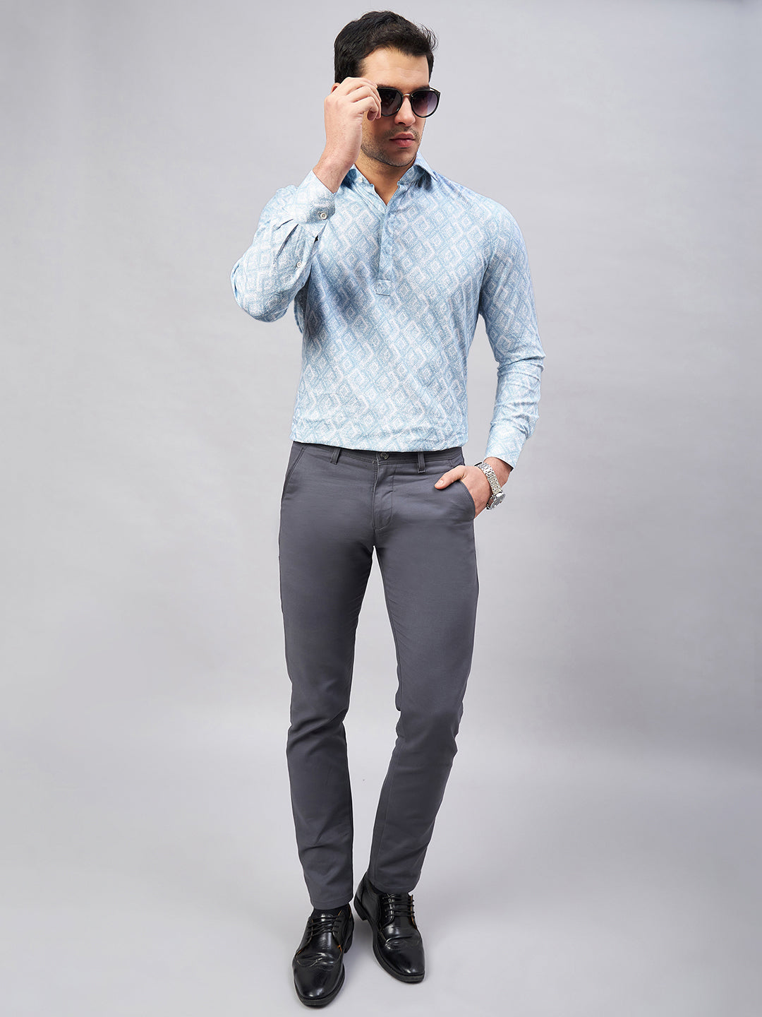 Regular Fit Semi Formal Graphic Blue Shirt For Men