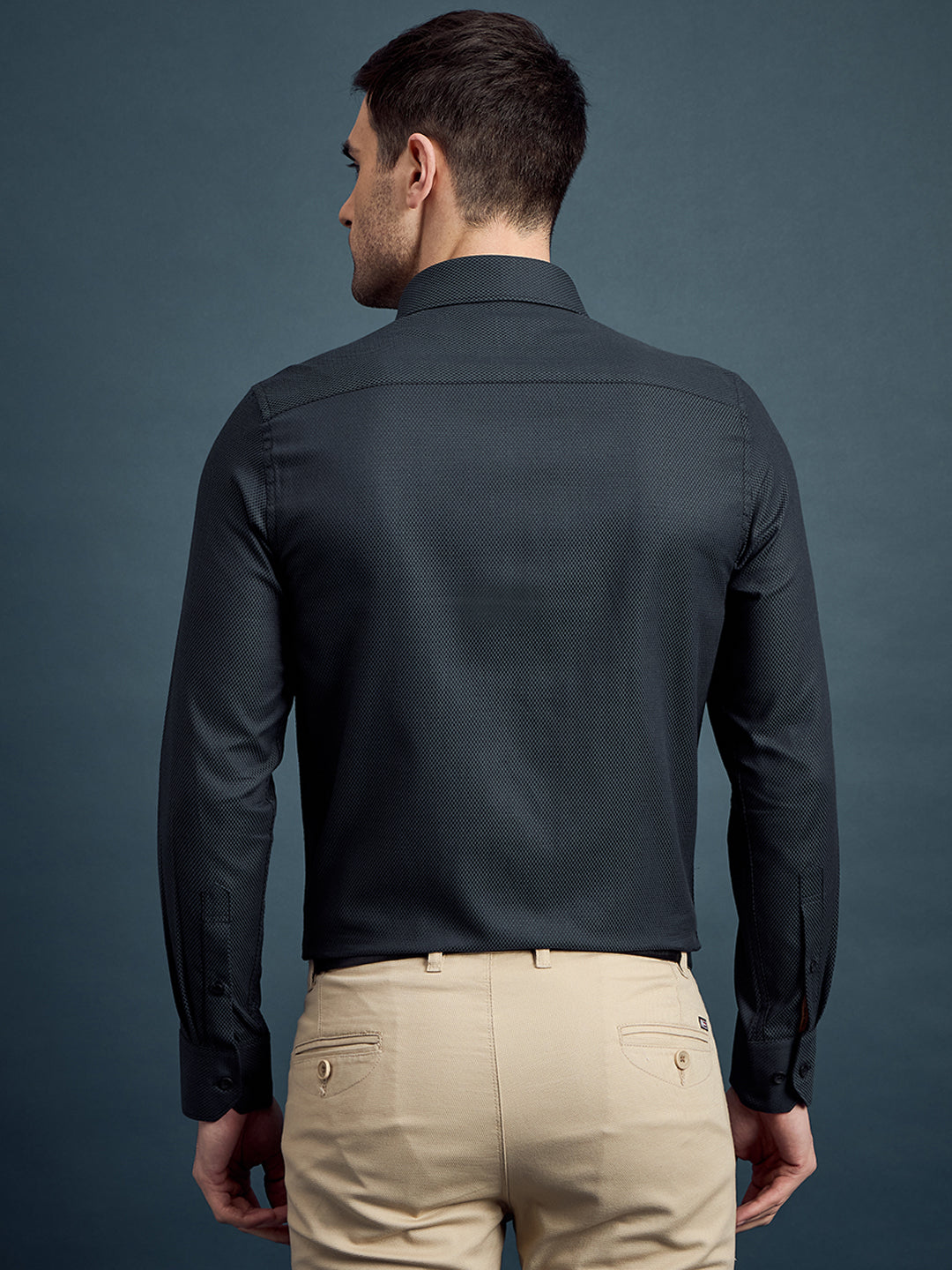 Men's Slim Fit Geometric Black Formal Shirt