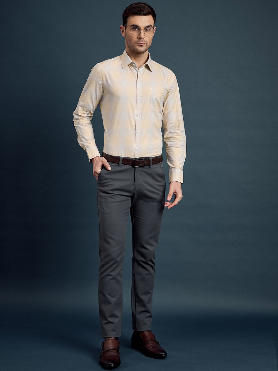 Men's Regular Fit Checkered Yellow Formal Shirt