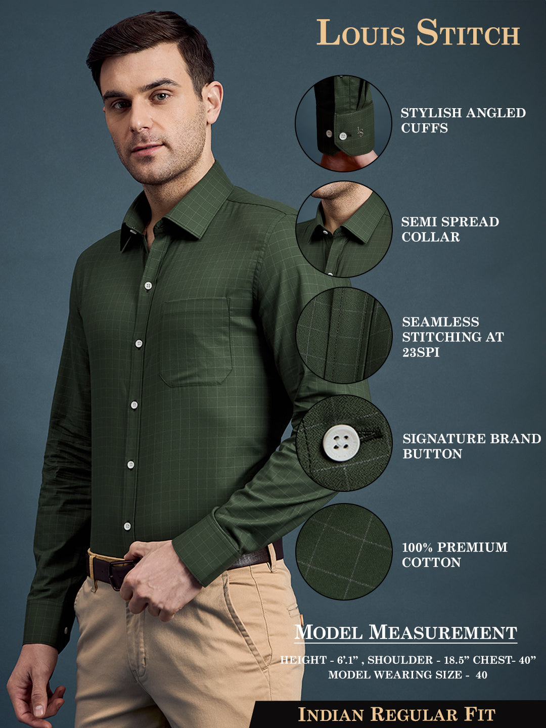 Men's Regular Fit Checkered Green Formal Shirt