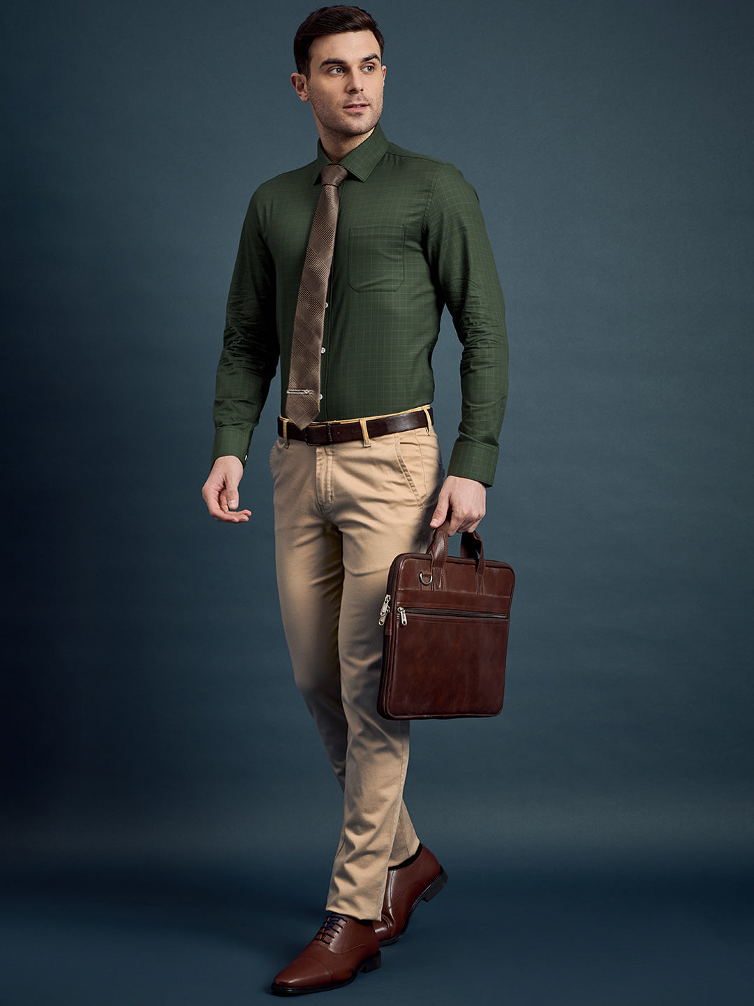 Men's Regular Fit Checkered Green Formal Shirt