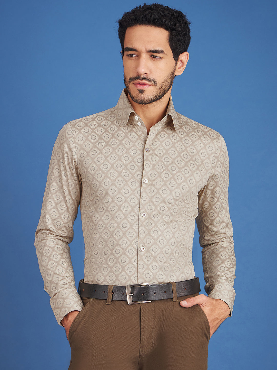 Regular Fit Formal Floral Cream Shirt For Men