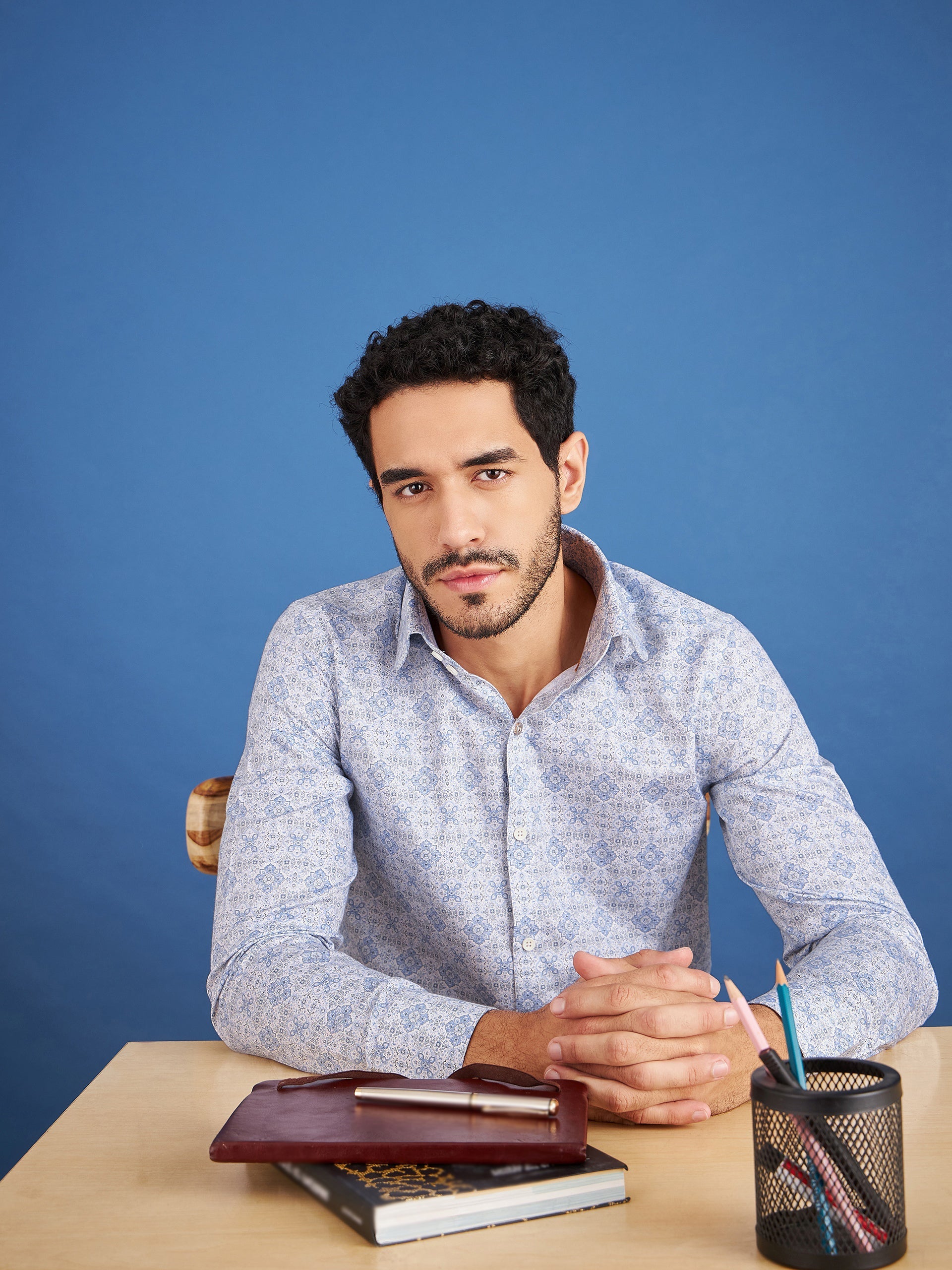 Regular Fit Formal Graphic Blue Shirt For Men