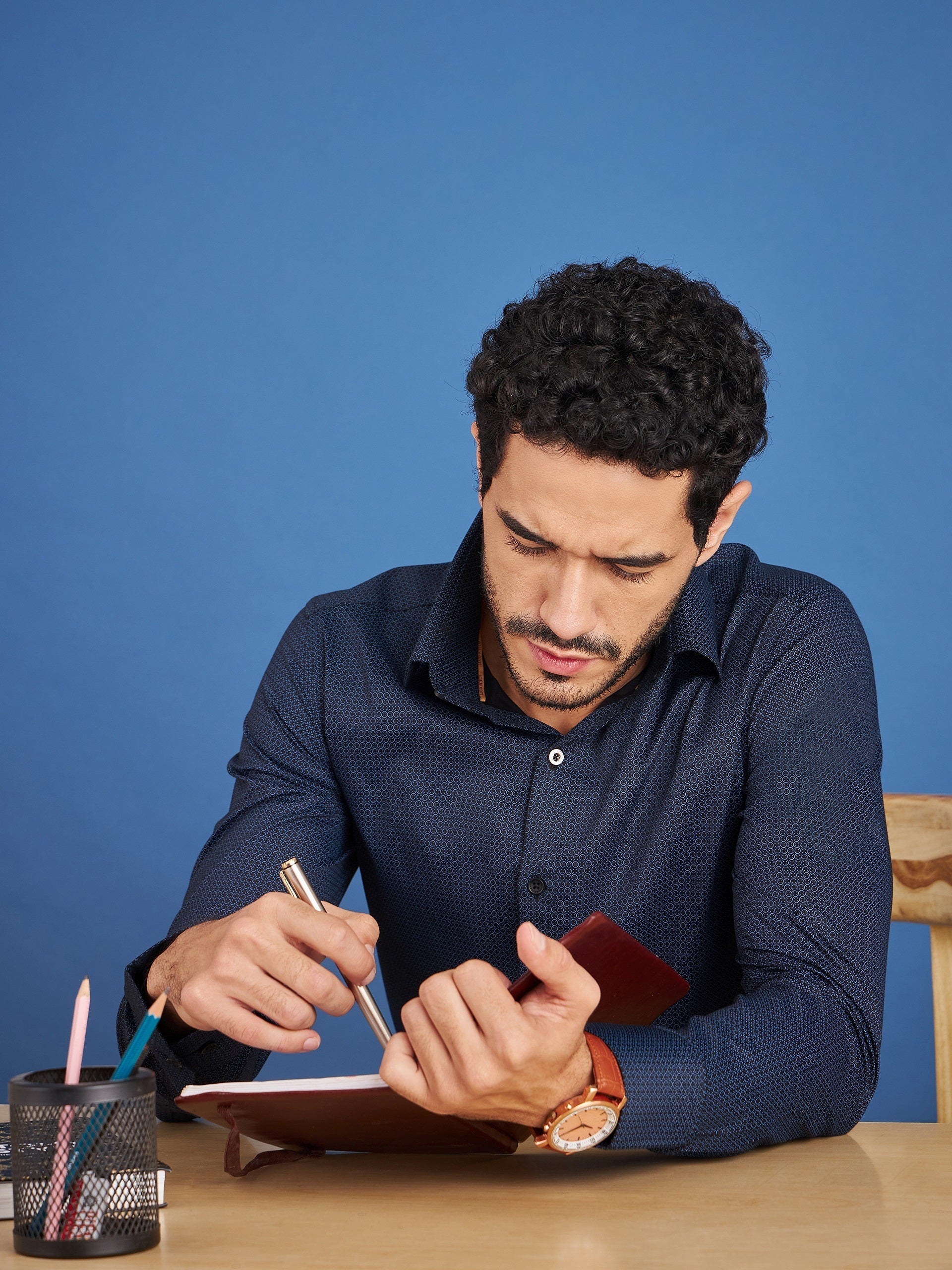 Regular Fit Formal Graphic Navy Blue Shirt For Men