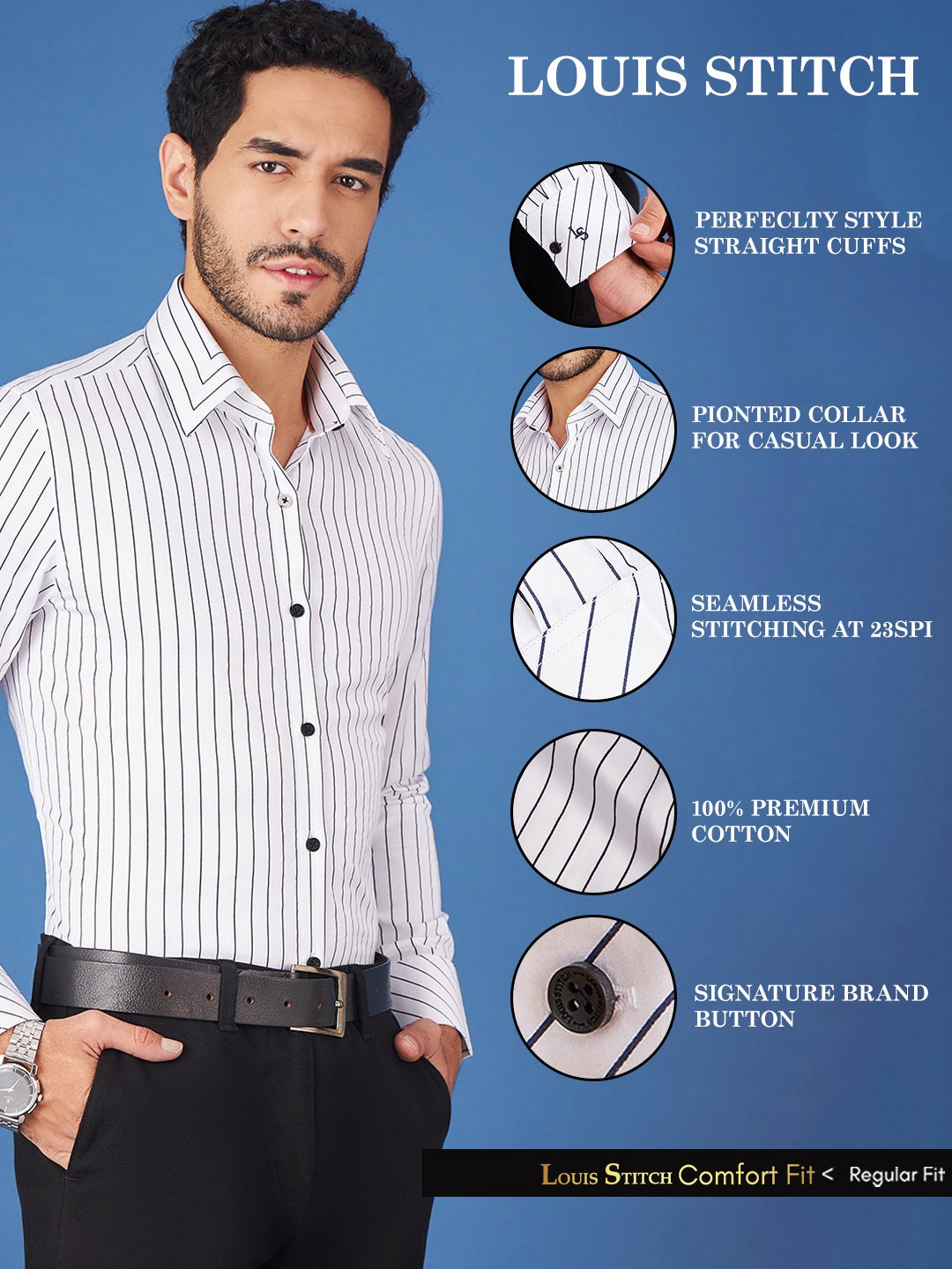 Regular Fit Formal Stripes White Shirt For Men
