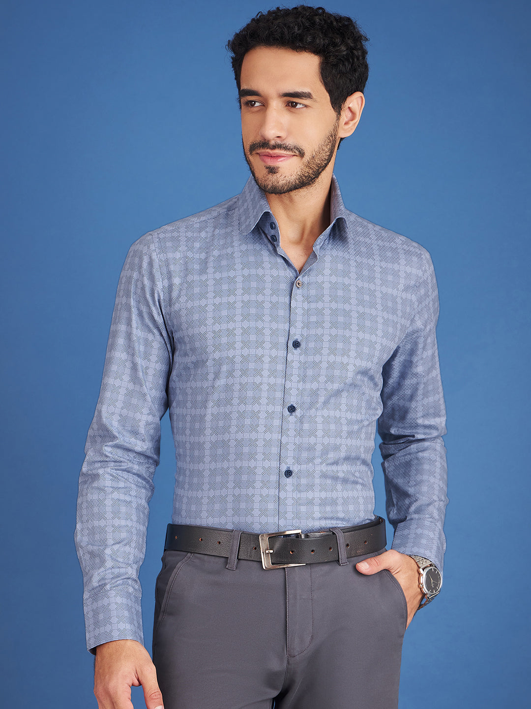 Regular Fit Formal Graphic Blue Shirt For Men