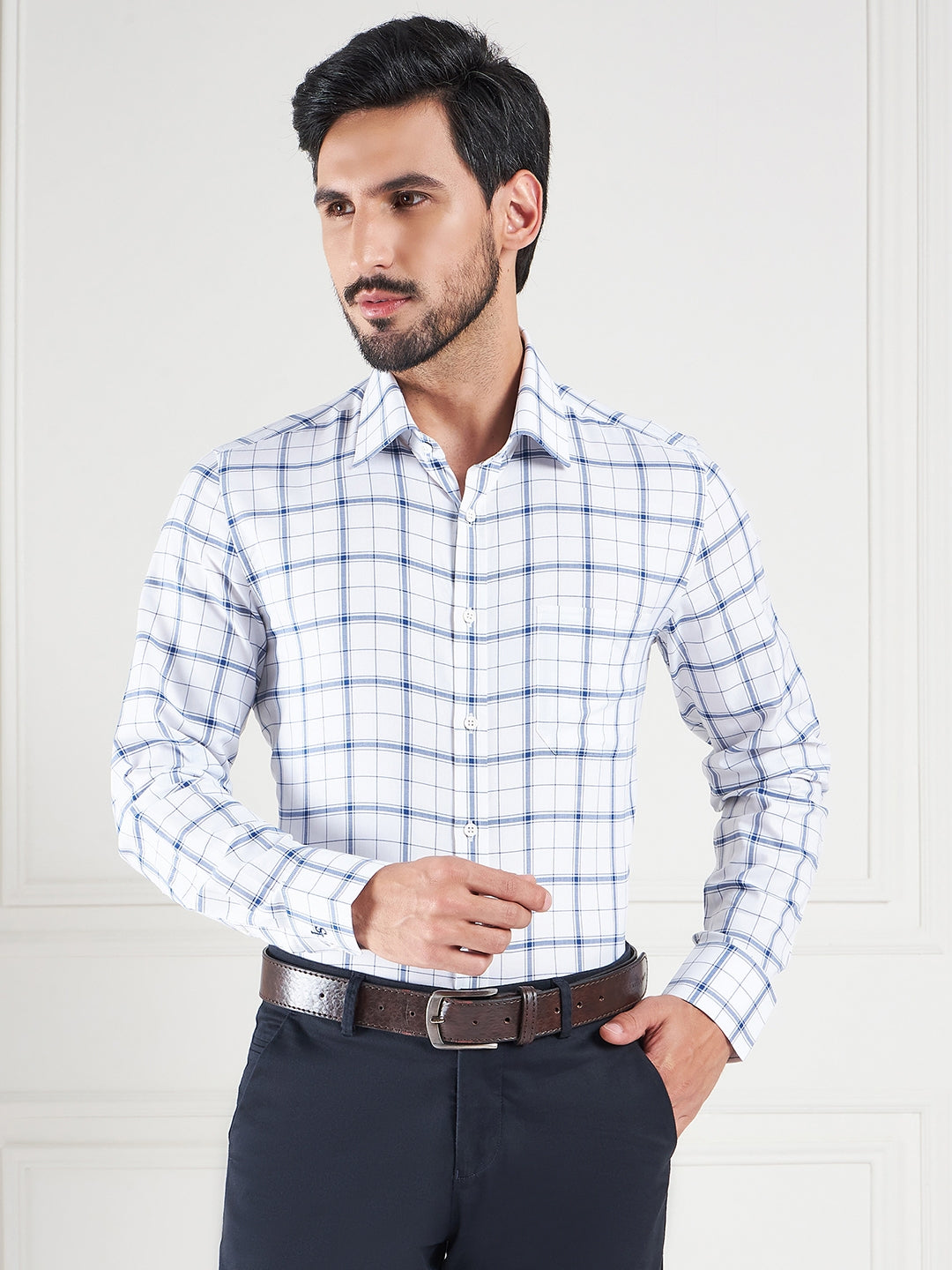Regular Fit Gingham Checks White Shirt For Men