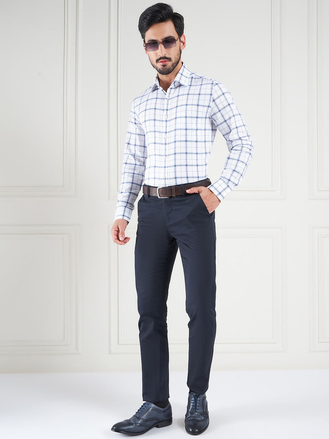 Regular Fit Gingham Checks White Shirt For Men