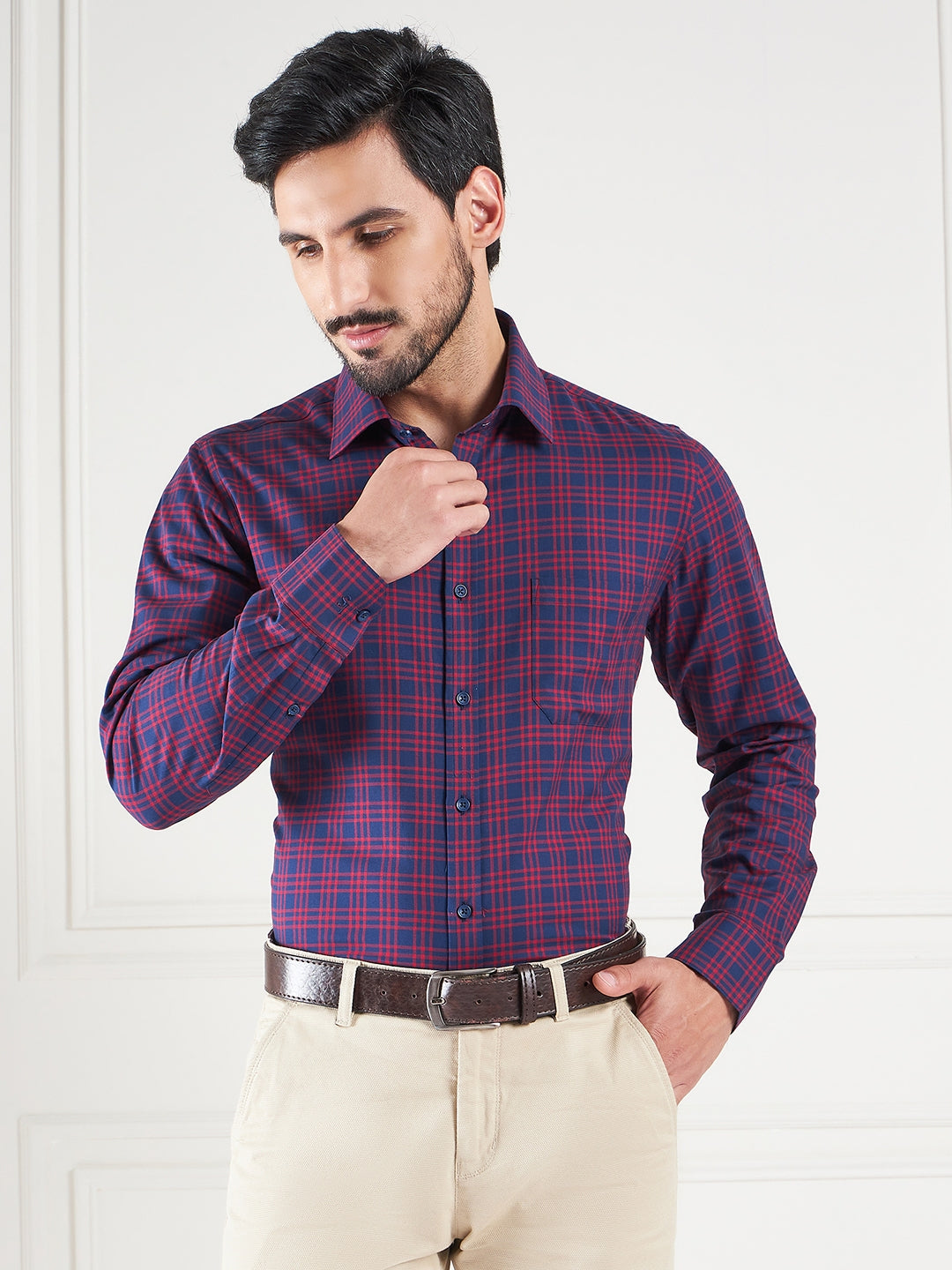Regular Fit Gingham Checks Blue Shirt For Men