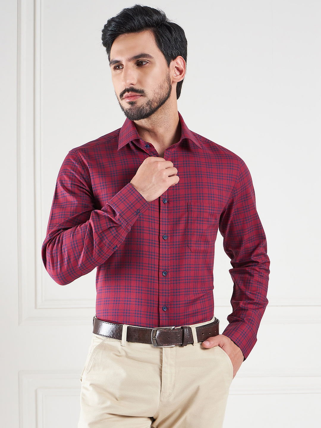 Regular Fit Gingham Checks Red Shirt For Men
