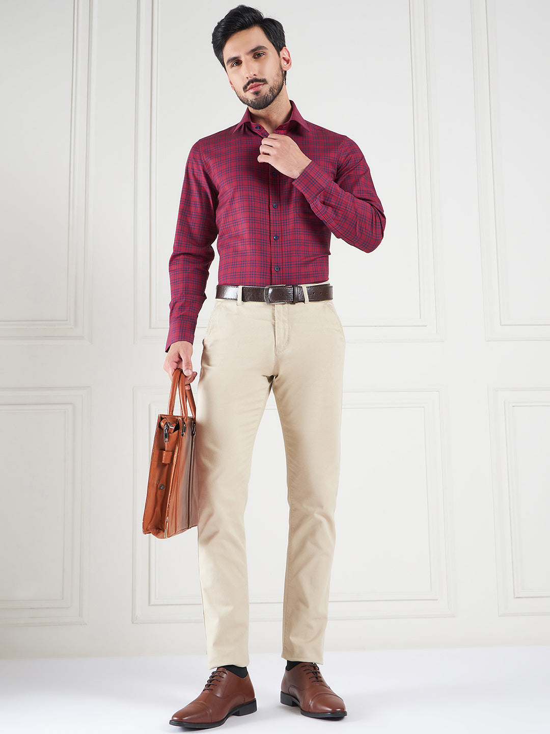 Regular Fit Gingham Checks Red Shirt For Men