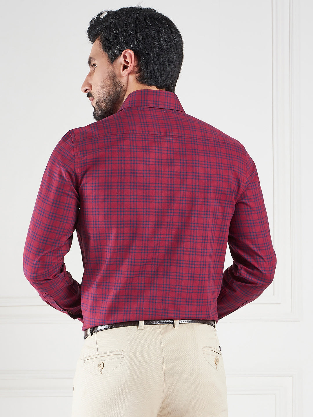 Regular Fit Gingham Checks Red Shirt For Men