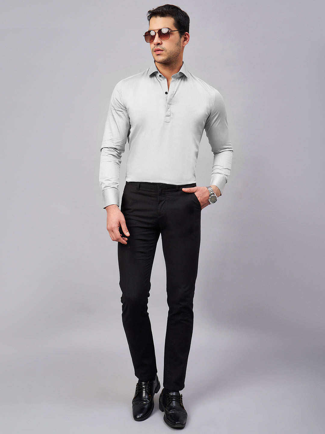 Regular Fit Semi Formal Solid Grey Shirt For Men